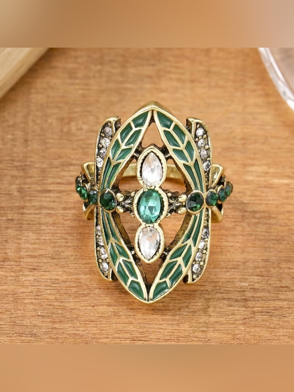 NEW! Green Enamel Dragonfly Ring with Emerald and Crystal Accents. B2-116 - Picture 3 of 7